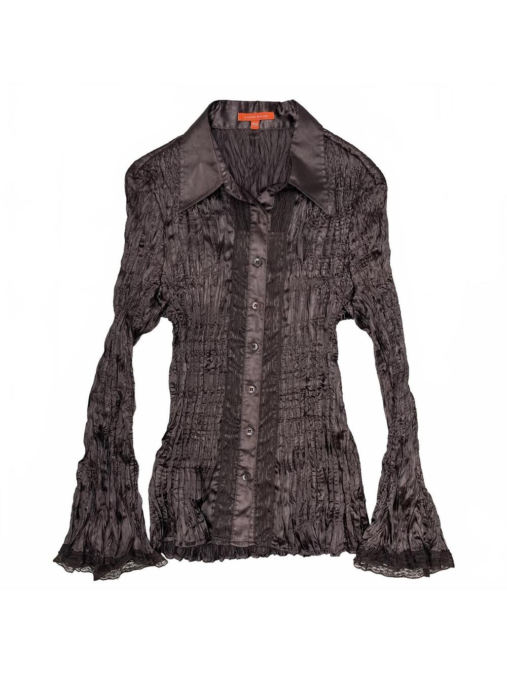 Vintage Jane Blue M Brown Satin Crinkled Button Up Blouse Lace Details Victorian